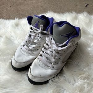 Air Jordan White and Purple Boy’s Kid’s High Top Basketball Sneakers